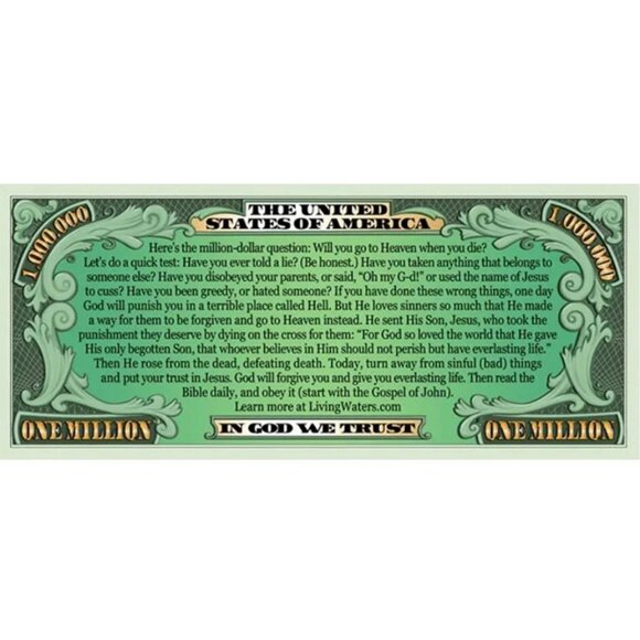Living Waters Kids Million Dollar Bill Gospel Tract pack of 100 - Picture 2 of 3